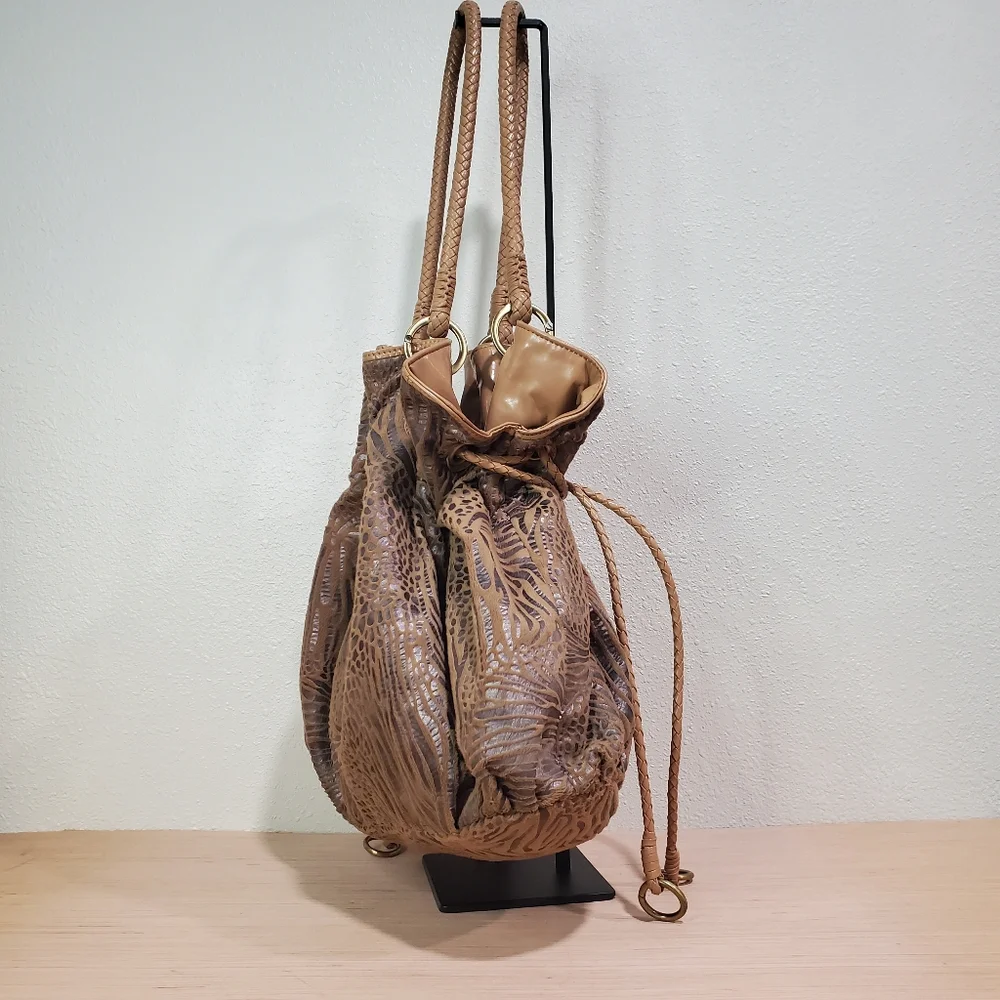 Brown Shoulder Pullstring Bag Soft Spacious Fabric Animal Pattern NWOT